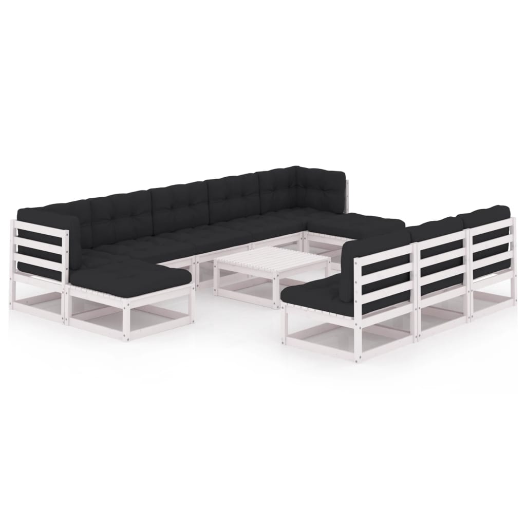 11-tlg. Garten-Lounge-Set mit Kissen Weiss Kiefer Massivholz